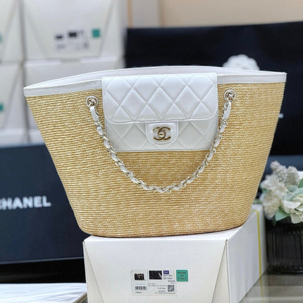 CHANEL 26S TOTE BAG 18 IN BEIGE FABRIC AND WHITE CALFSKIN