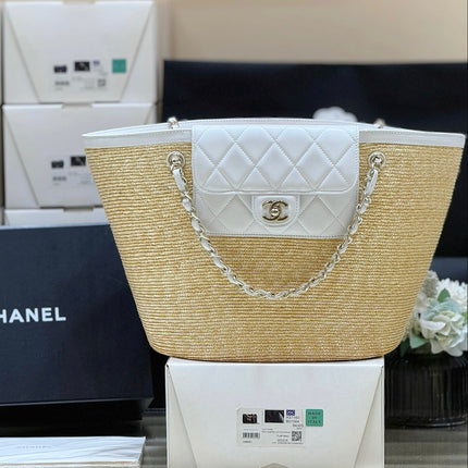 CHANEL 26S TOTE BAG 25 IN BEIGE FABRIC AND WHITE CALFSKIN