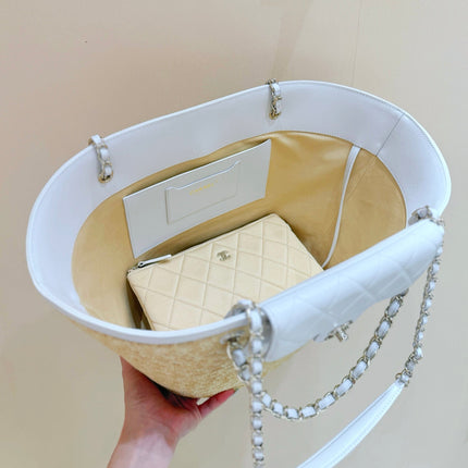 CHANEL 26S TOTE BAG 18 IN BEIGE FABRIC AND WHITE CALFSKIN