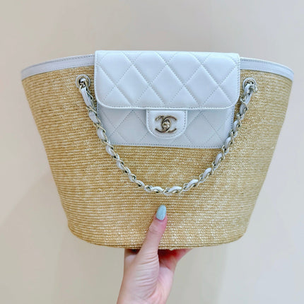 CHANEL 26S TOTE BAG 25 IN BEIGE FABRIC AND WHITE CALFSKIN