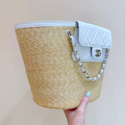CHANEL 26S TOTE BAG 25 IN BEIGE FABRIC AND WHITE CALFSKIN