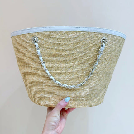 CHANEL 26S TOTE BAG 18 IN BEIGE FABRIC AND WHITE CALFSKIN