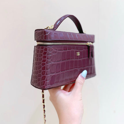 CHANEL 26S MINI BOX BAG 14 IN BURGUNDY CALFSKIN CROCODILE EMBOSSED