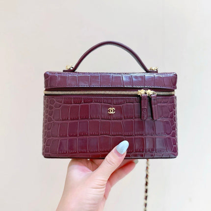 CHANEL 26S MINI BOX BAG 14 IN BURGUNDY CALFSKIN CROCODILE EMBOSSED