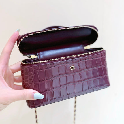 CHANEL 26S MINI BOX BAG 14 IN BURGUNDY CALFSKIN CROCODILE EMBOSSED