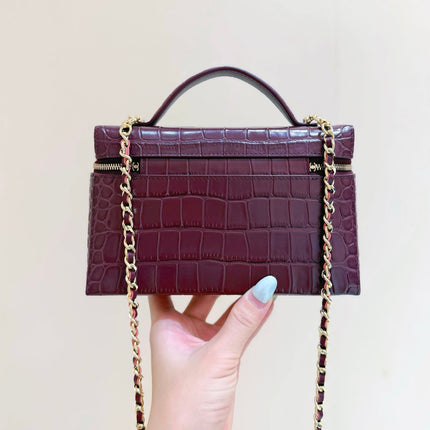 CHANEL 26S MINI BOX BAG 14 IN BURGUNDY CALFSKIN CROCODILE EMBOSSED