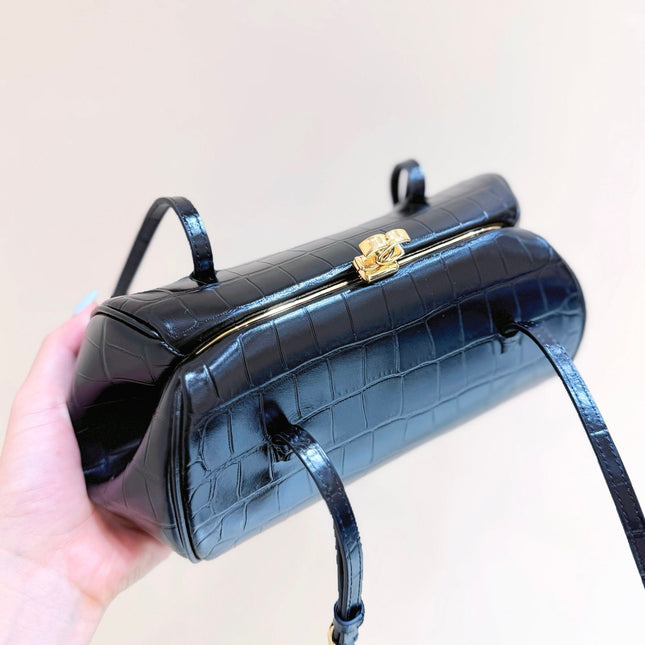 CHANEL 26S MINI BOWLING BAG 29 IN BLACK CROCODILE EMBOSSED CALFSKIN