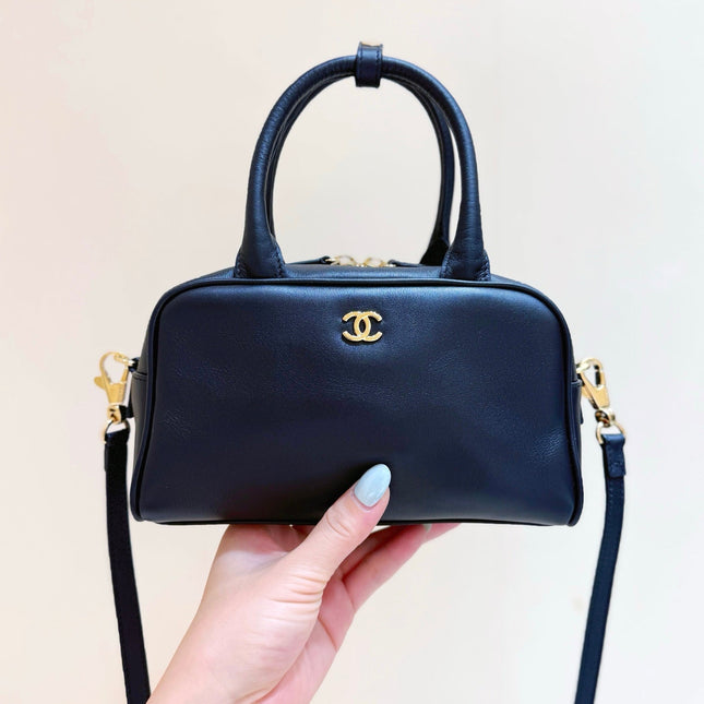 CHANEL 26S MINI BOWLING BAG 13 IN BLACK CALFSKIN