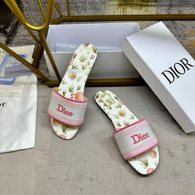 DIOR 26S DWAY SLIDE FLOWER EDITION IN PINK MIX WHITE FABRIC