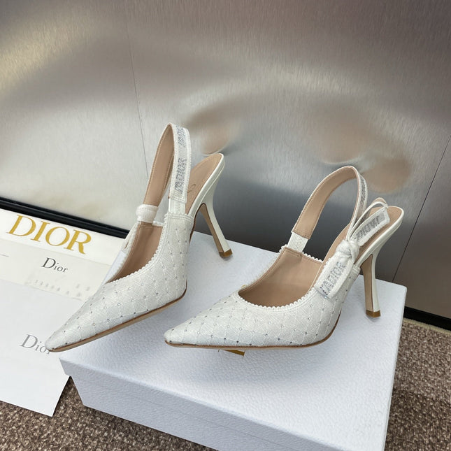 J'ADIOR SLINGBACK 25S PUMP 95MM IN WHITE FABRIC EMBOSSED CRYSTAL