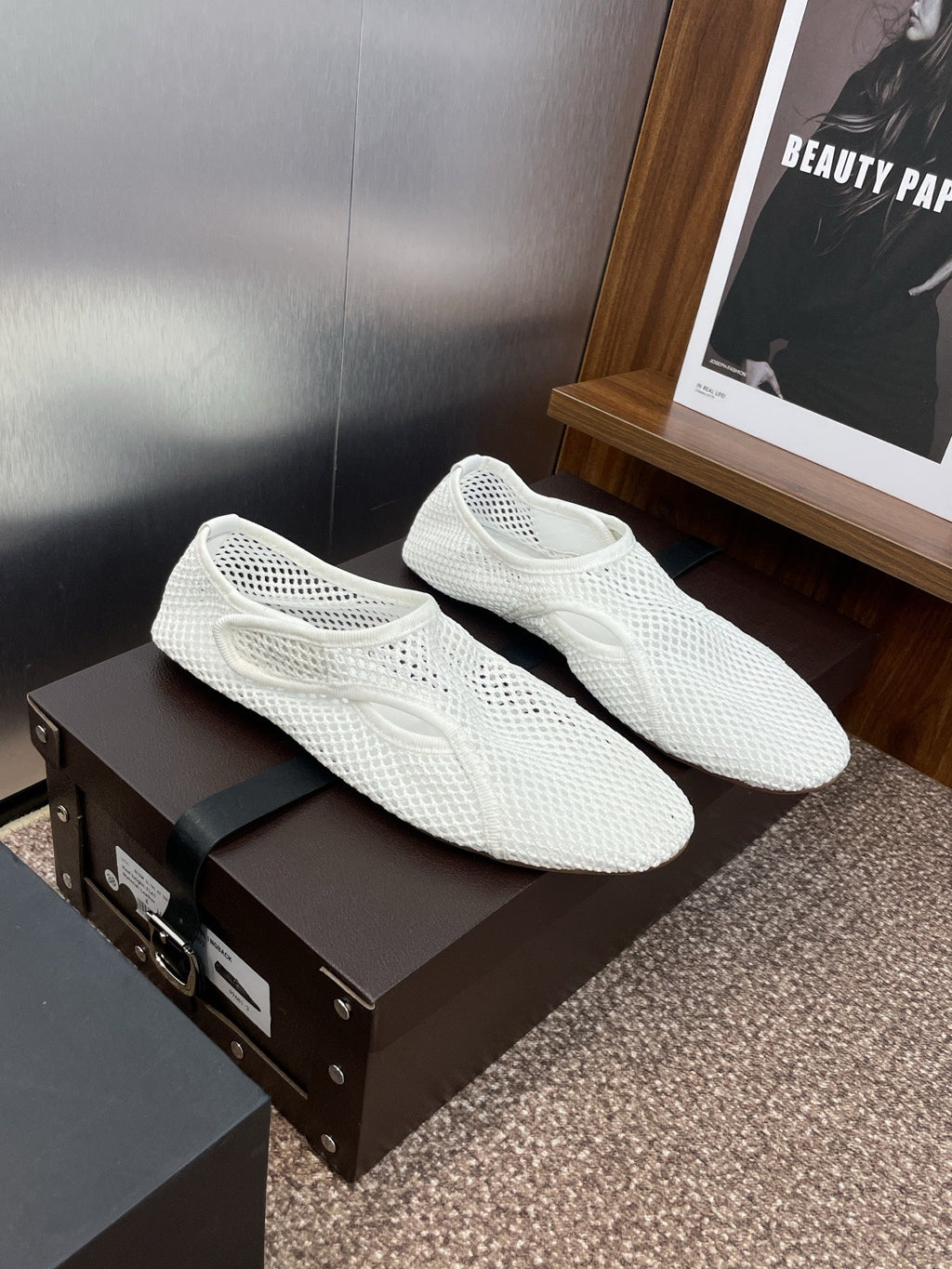 ALAIA MESH MARY JANE BALLET FLATS 25S IN WHITE FABRIC