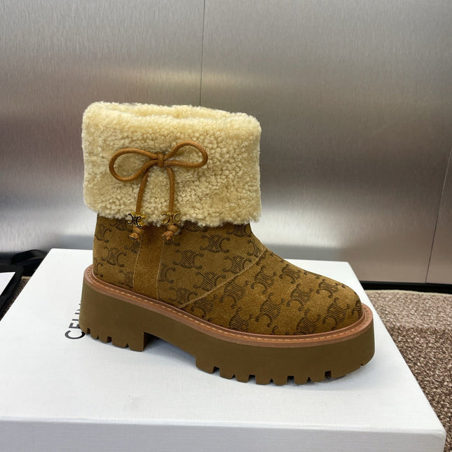 CELINE 26S ANKLE BOOTS 45 MM IN BROWN SUEDE AND BEIGE WOOL