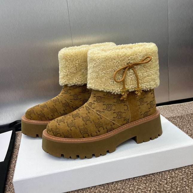 CELINE 26S ANKLE BOOTS 45 MM IN BROWN SUEDE AND BEIGE WOOL