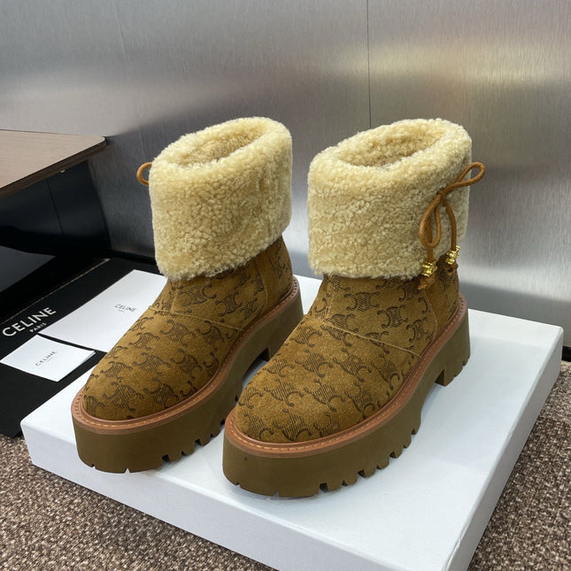 CELINE 26S ANKLE BOOTS 45 MM IN BROWN SUEDE AND BEIGE WOOL