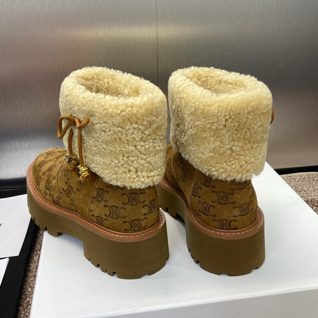 CELINE 26S ANKLE BOOTS 45 MM IN BROWN SUEDE AND BEIGE WOOL