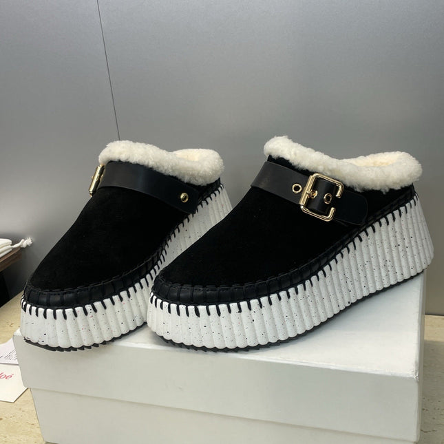 CHLOÉ 26S FUR-LINED WEDGE MULES IN BLACK SUEDE
