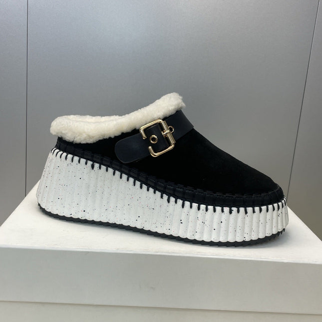CHLOÉ 26S FUR-LINED WEDGE MULES IN BLACK SUEDE