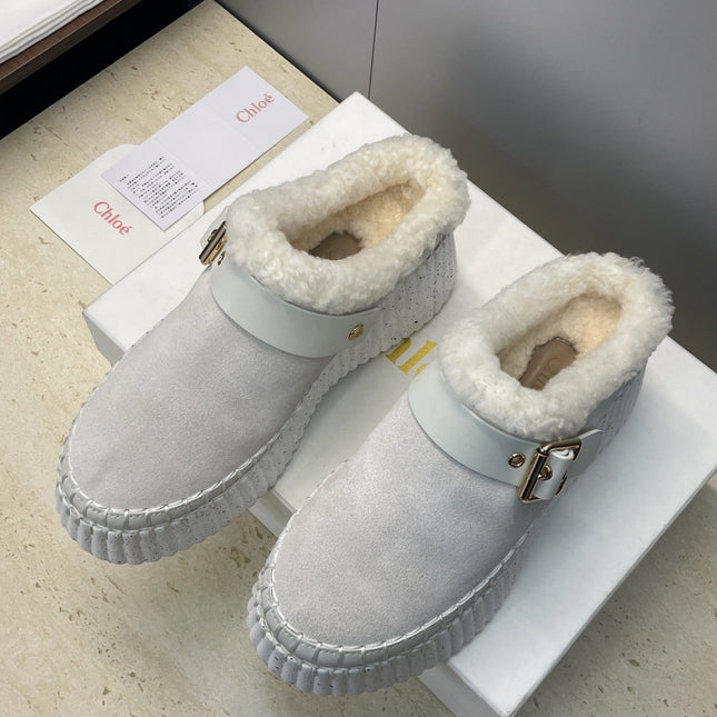 CHLOÉ 26S FUR-LINED WEDGE MULES IN LIGHT GREY SUEDE