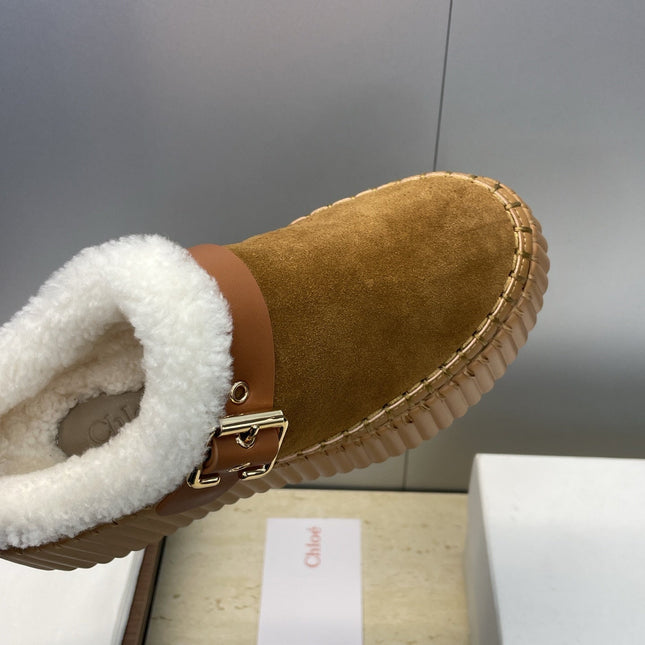 CHLOÉ 26S FUR-LINED WEDGE MULES IN BROWN SUEDE