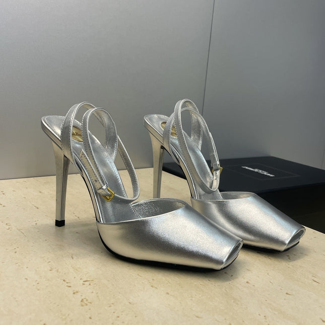 YSL 26S HEELED SANDALS 95 MM IN SILVER CALFSKIN