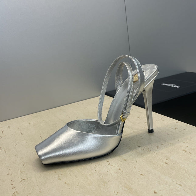 YSL 26S HEELED SANDALS 95 MM IN SILVER CALFSKIN