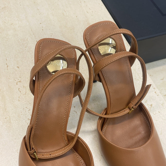 YSL 26S HEELED SANDALS 95 MM IN BROWN CALFSKIN