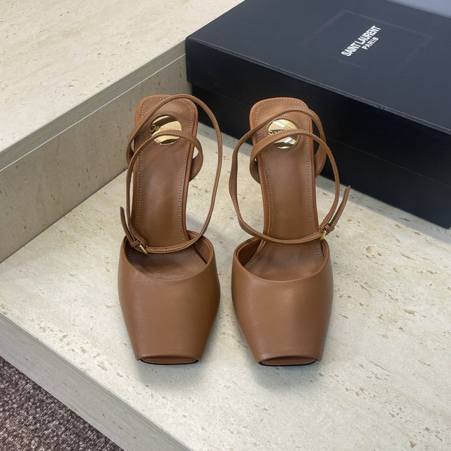 YSL 26S HEELED SANDALS 95 MM IN BROWN CALFSKIN