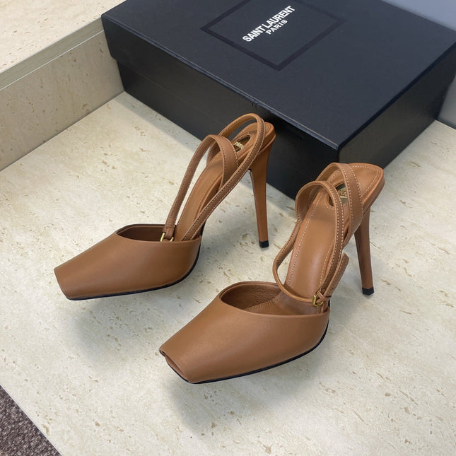 YSL 26S HEELED SANDALS 95 MM IN BROWN CALFSKIN