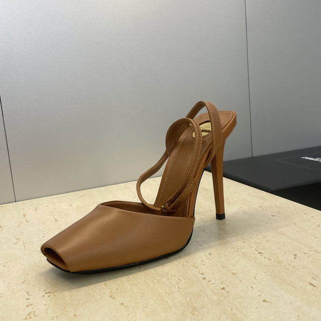 YSL 26S HEELED SANDALS 95 MM IN BROWN CALFSKIN