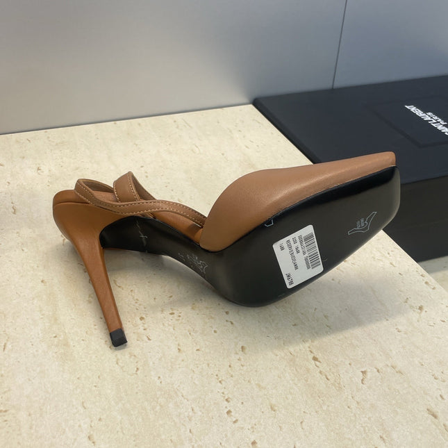 YSL 26S HEELED SANDALS 95 MM IN BROWN CALFSKIN