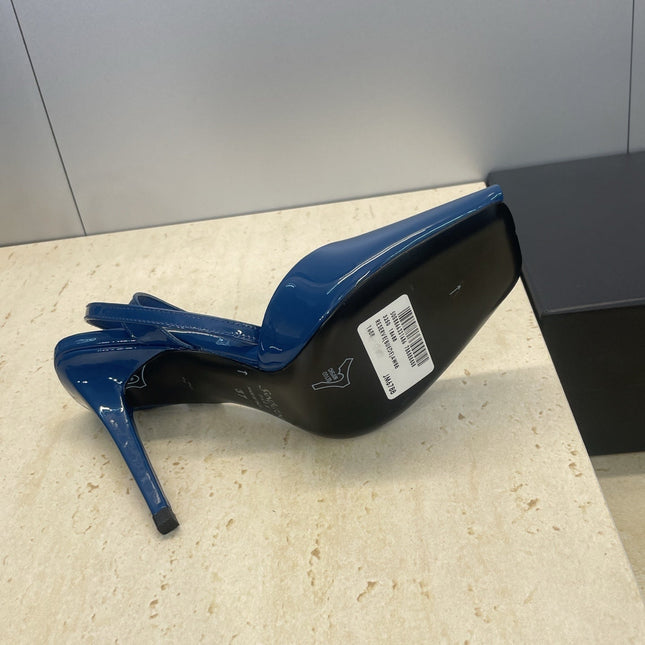 YSL 26S HEELED SANDALS 95 MM IN DARK BLUE CALFSKIN