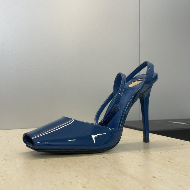 YSL 26S HEELED SANDALS 95 MM IN DARK BLUE CALFSKIN