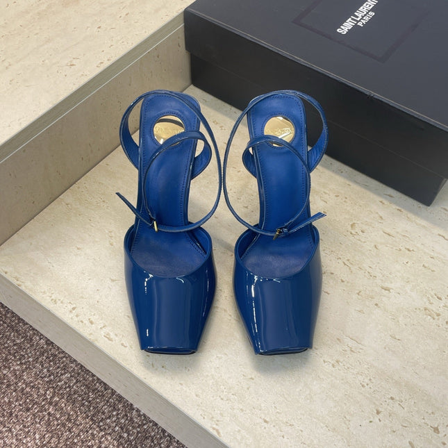 YSL 26S HEELED SANDALS 95 MM IN DARK BLUE CALFSKIN