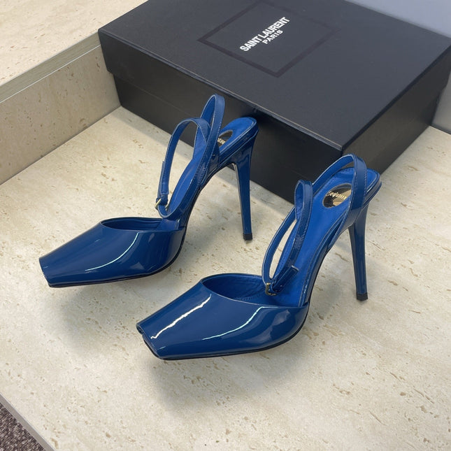 YSL 26S HEELED SANDALS 95 MM IN DARK BLUE CALFSKIN