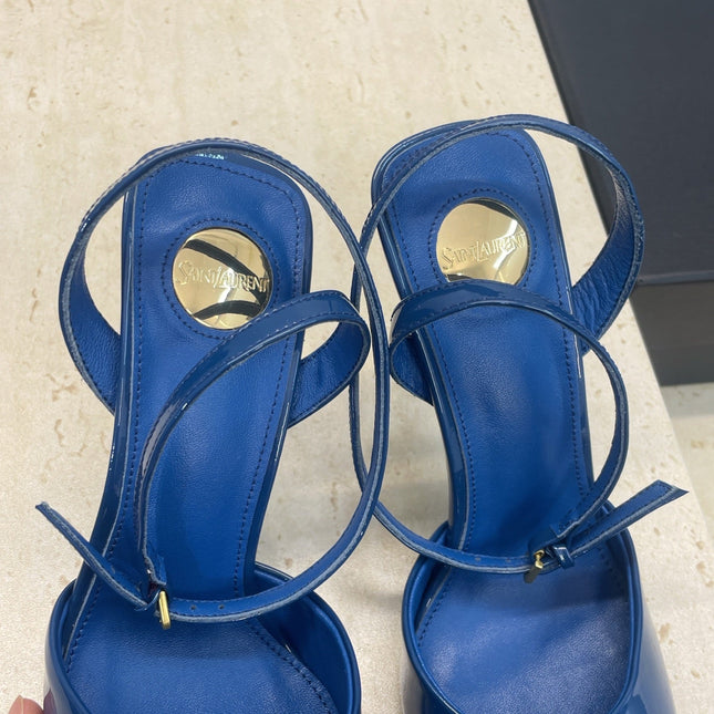 YSL 26S HEELED SANDALS 95 MM IN DARK BLUE CALFSKIN