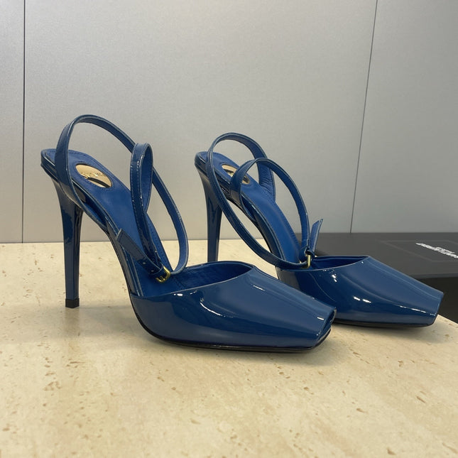 YSL 26S HEELED SANDALS 95 MM IN DARK BLUE CALFSKIN