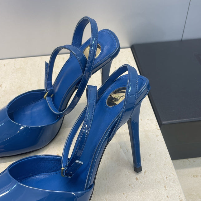 YSL 26S HEELED SANDALS 95 MM IN DARK BLUE CALFSKIN