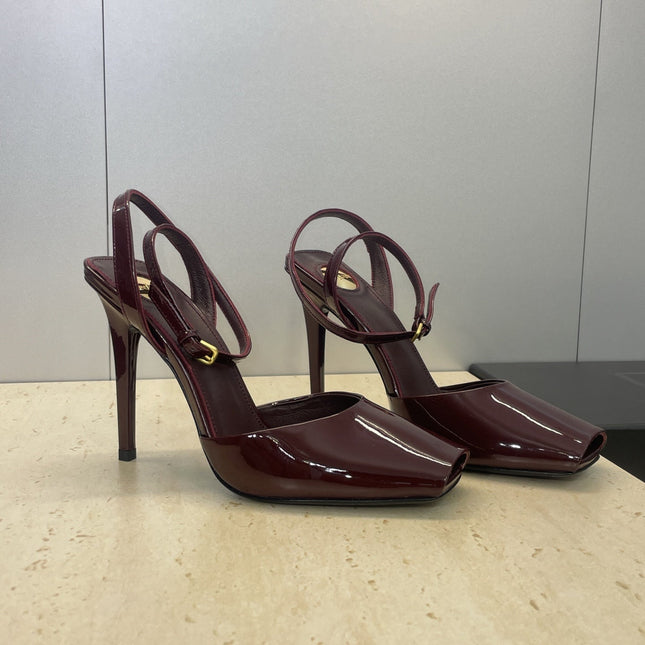 YSL 26S HEELED SANDALS 95 MM IN DARK RED CALFSKIN