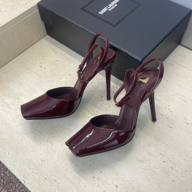 YSL 26S HEELED SANDALS 95 MM IN DARK RED CALFSKIN