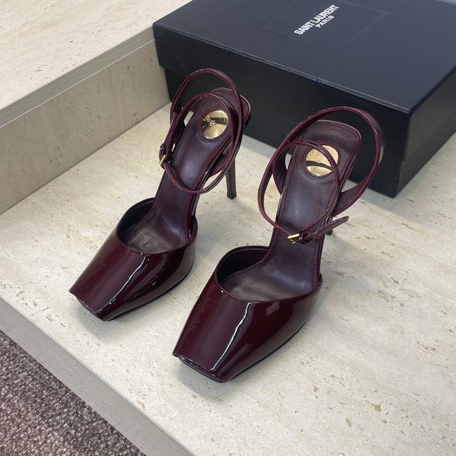 YSL 26S HEELED SANDALS 95 MM IN DARK RED CALFSKIN