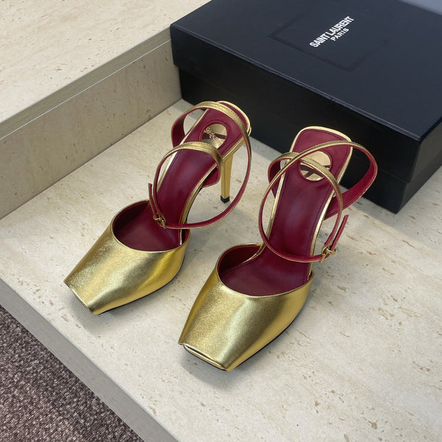YSL 26S HEELED SANDALS 95 MM IN GOLD CALFSKIN