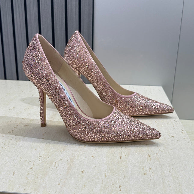 JIMMY CHOO 26S HIGH HEELS 95 MM IN PINK ROSE GOLD CRYSTAL-EMBELLISHED