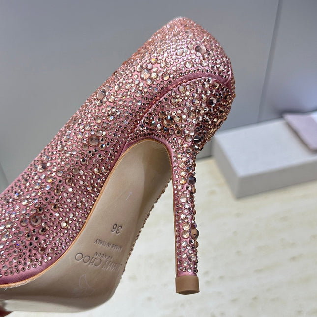 JIMMY CHOO 26S HIGH HEELS 95 MM IN PINK ROSE GOLD CRYSTAL-EMBELLISHED