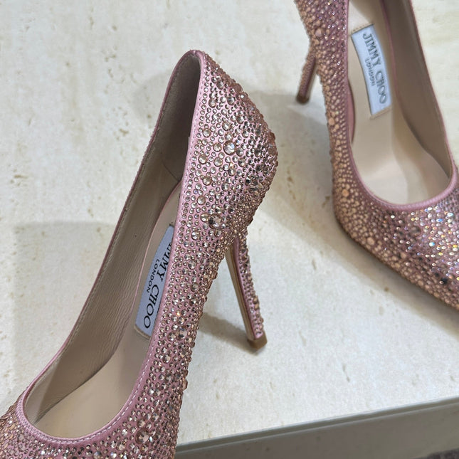 JIMMY CHOO 26S HIGH HEELS 95 MM IN PINK ROSE GOLD CRYSTAL-EMBELLISHED