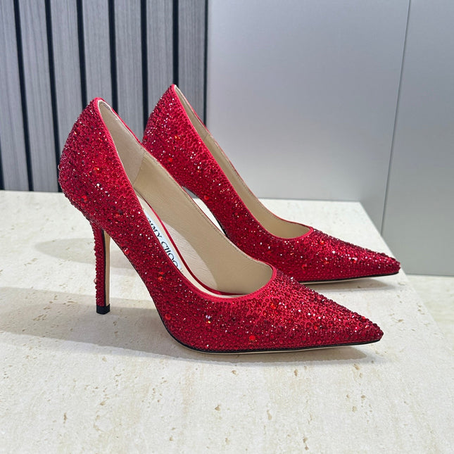JIMMY CHOO 26S HIGH HEELS 95 MM IN RED CRYSTAL-EMBELLISHED