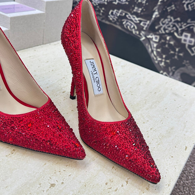 JIMMY CHOO 26S HIGH HEELS 95 MM IN RED CRYSTAL-EMBELLISHED
