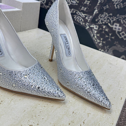 JIMMY CHOO 26S HIGH HEELS 95 MM IN SILVER CRYSTAL-EMBELLISHED