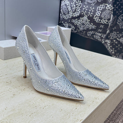 JIMMY CHOO 26S HIGH HEELS 95 MM IN SILVER CRYSTAL-EMBELLISHED