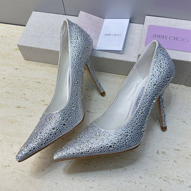 JIMMY CHOO 26S HIGH HEELS 95 MM IN SILVER CRYSTAL-EMBELLISHED