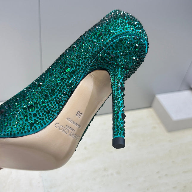 JIMMY CHOO 26S HIGH HEELS 95 MM IN GREEN CRYSTAL-EMBELLISHED